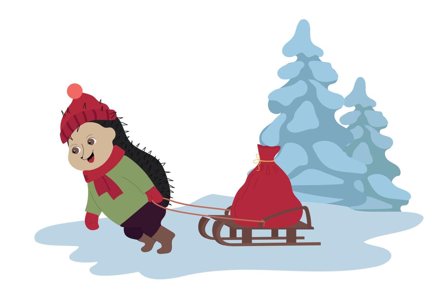 Hedgehog carries a bag of gifts on a sleigh vector