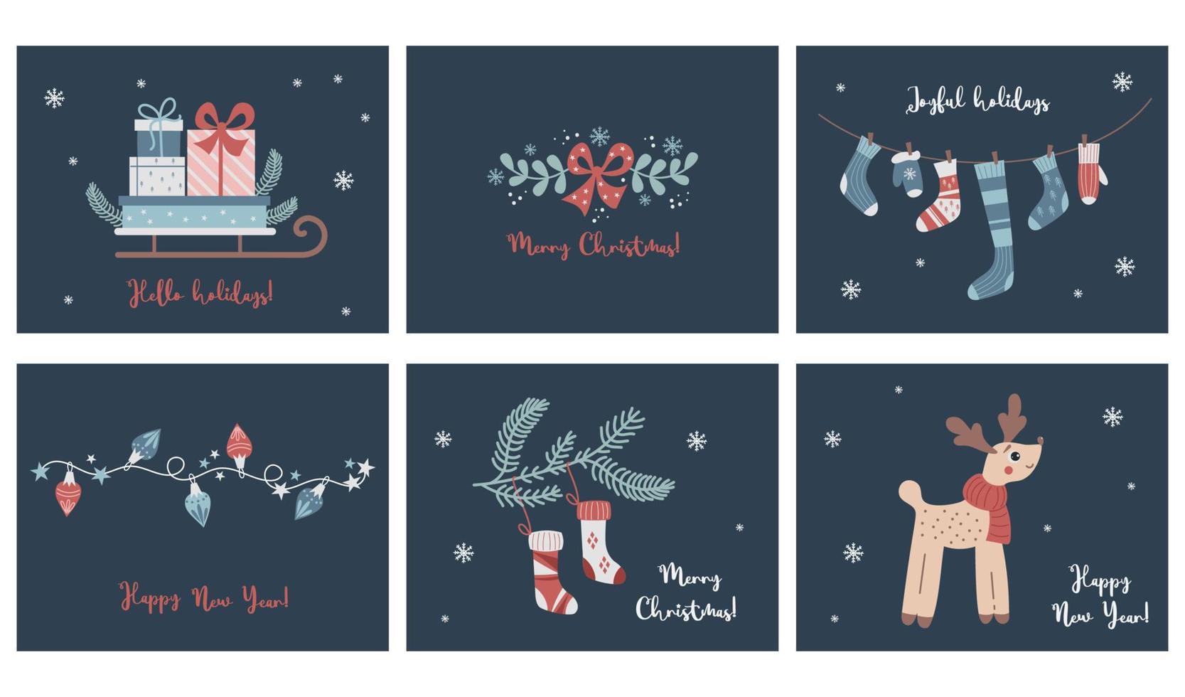 conjunto vectorial de postales ilustrativas de navidad y feliz año nuevo. diseñar plantillas horizontales. trineo con regalos, calcetín navideño, guirnalda y ciervo. preparación para la celebración de navidad y año nuevo 2023. vector