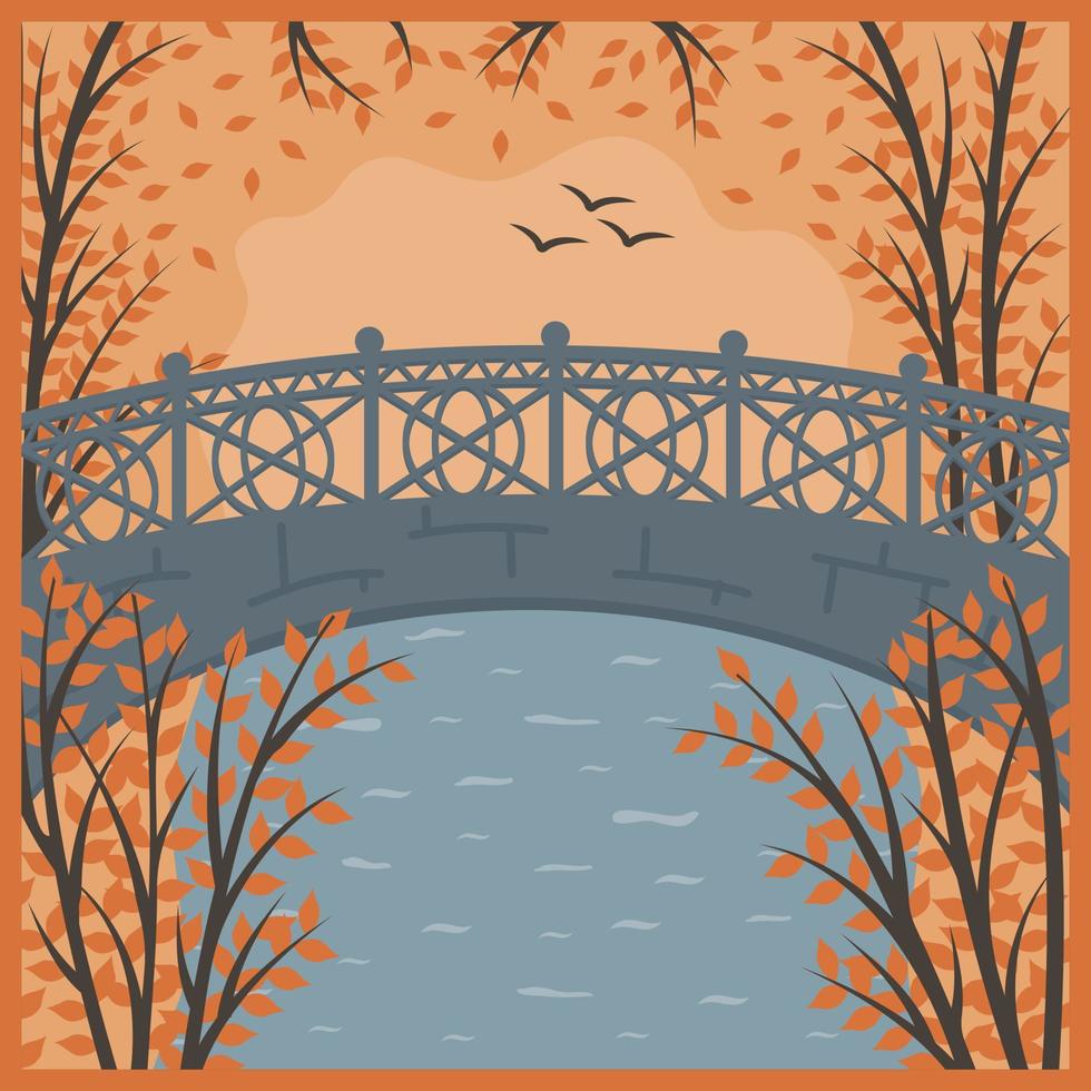 paisaje puente de otoño en el parque, ilustración multicapa de vector de color, corte de papel