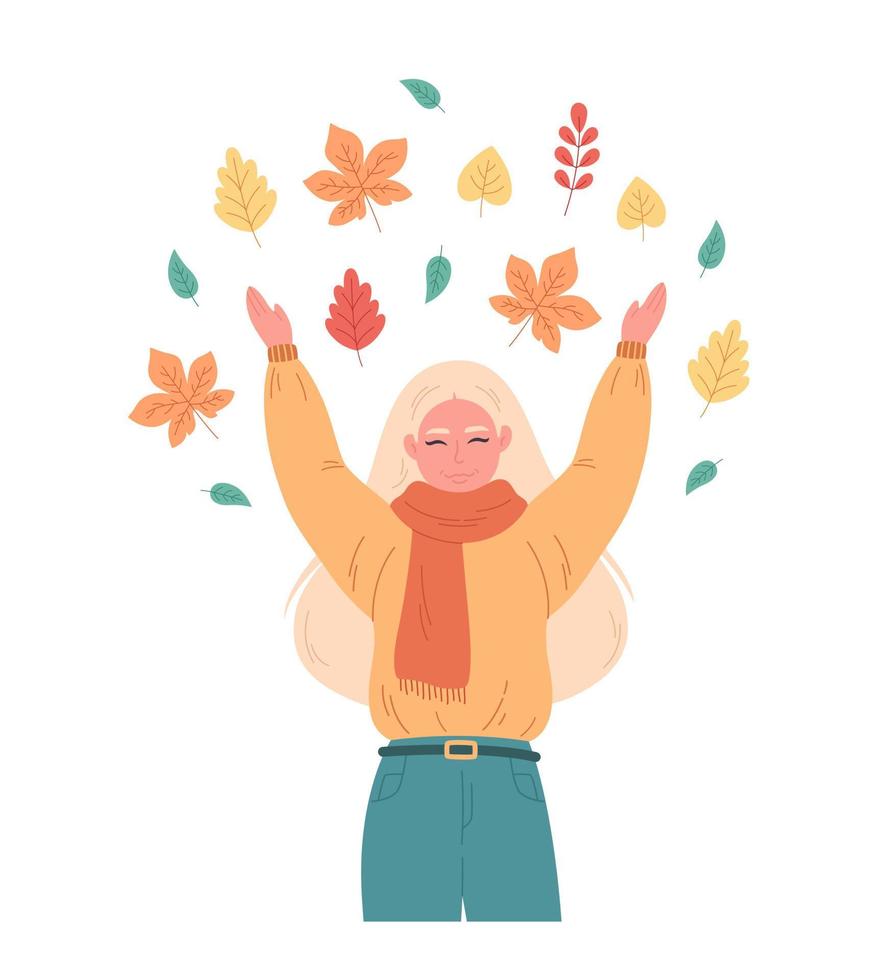 mujer saludo temporada de otoño. mujer feliz jugando con follaje de otoño. Hola otoño vector