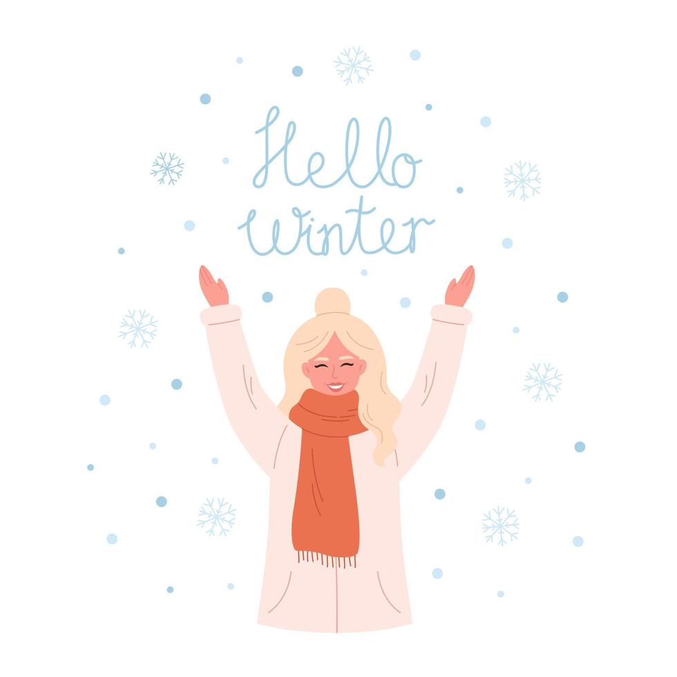 mujer saludo temporada de invierno. mujer feliz jugando con copos de nieve. hola tarjeta de felicitación de invierno. horario de invierno vector