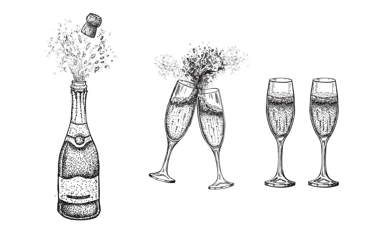 Champagne glasses. Bottle of champagne. Vector illustration of hand drawing.