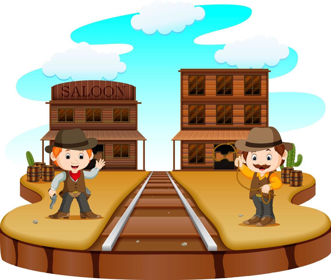 two cowboys holding gun and standing outside the saloon vector