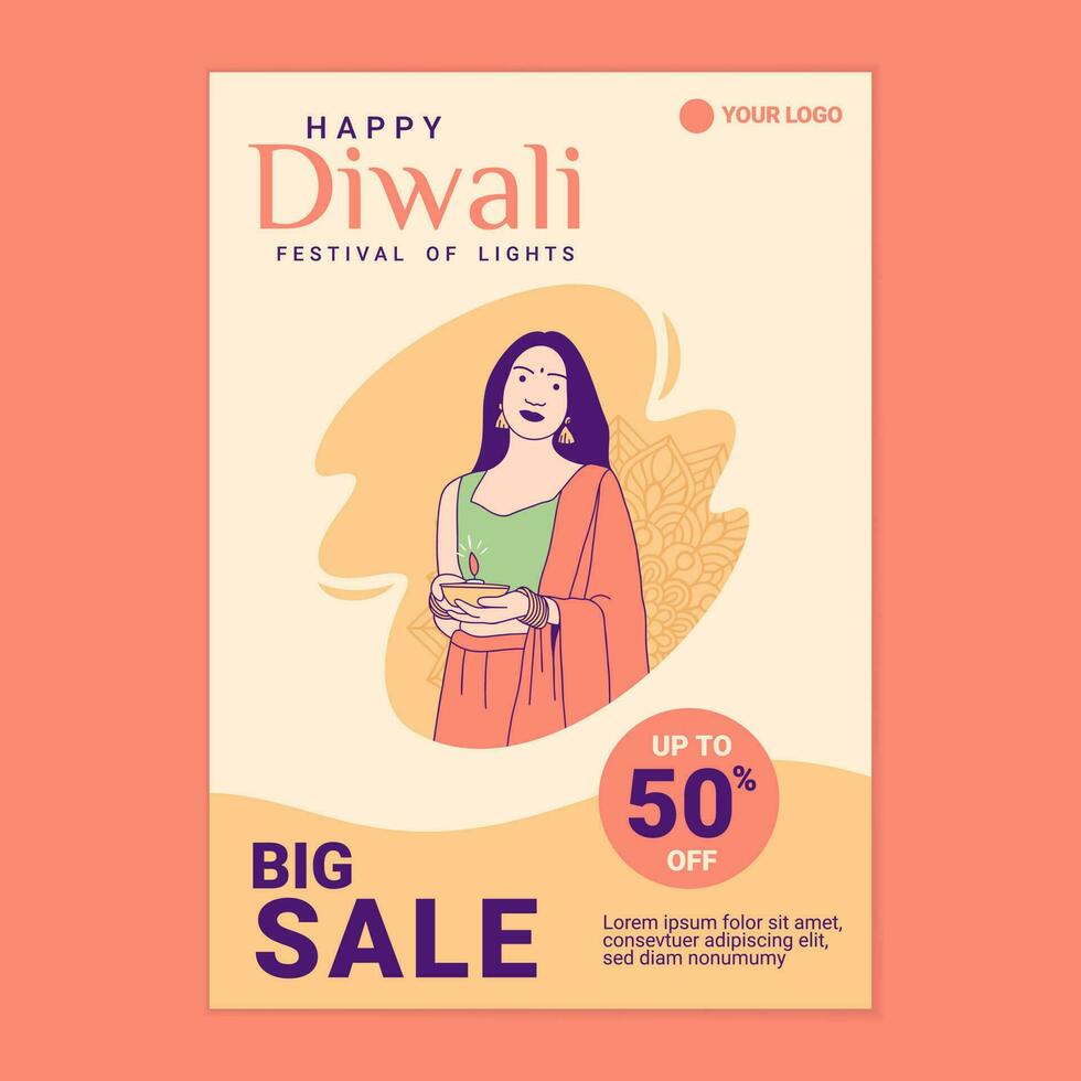 Illustrations Beautiful indian girl holding diya lamp for Celebration Diwali Day Sale poster template vector