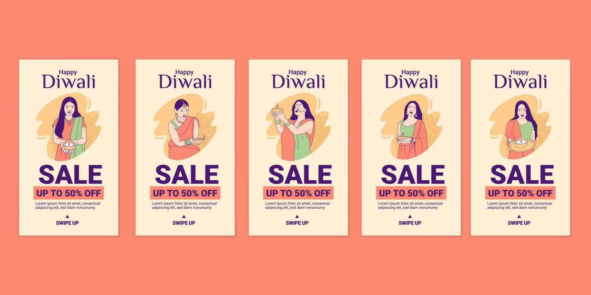 Illustrations Beautiful indian girl holding diya lamp for Celebration Diwali Day Sale social media stories collection vector