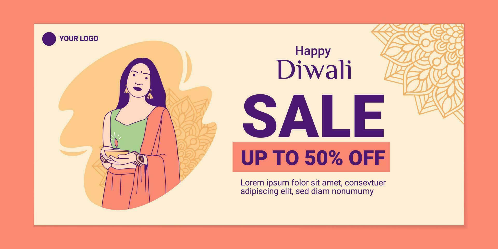 ilustraciones hermosa mujer india sosteniendo la lámpara diya para la celebración de la plantilla de banner de venta del día de diwali vector