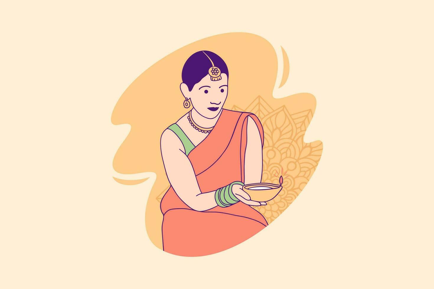 Illustrations beautiful indian woman holding diya lamp for Celebration Diwali Day Design concept vector