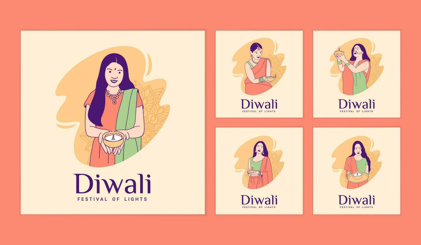 Illustrations beautiful indian woman holding diya lamp for Celebration Diwali Day social media posts collection vector