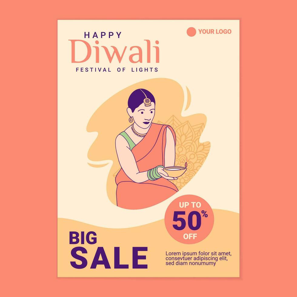 Illustrations Beautiful indian girl holding diya lamp for Celebration Diwali Day Sale poster template vector