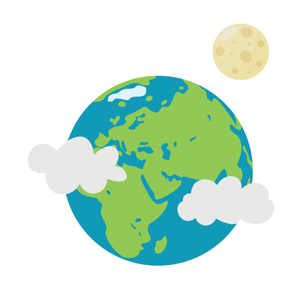 Planet Earth and its moon satellite on a white background. Vector illustration in cartoon style for children. Icon of the planet