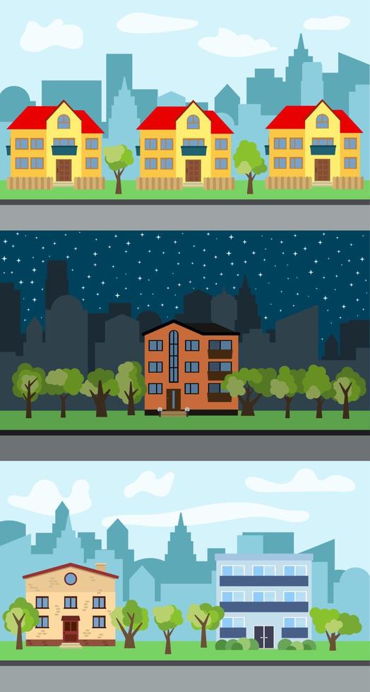 Set of three vector illustrations of city street with cartoon houses and trees. Summer urban landscape. Street view with cityscape on a background