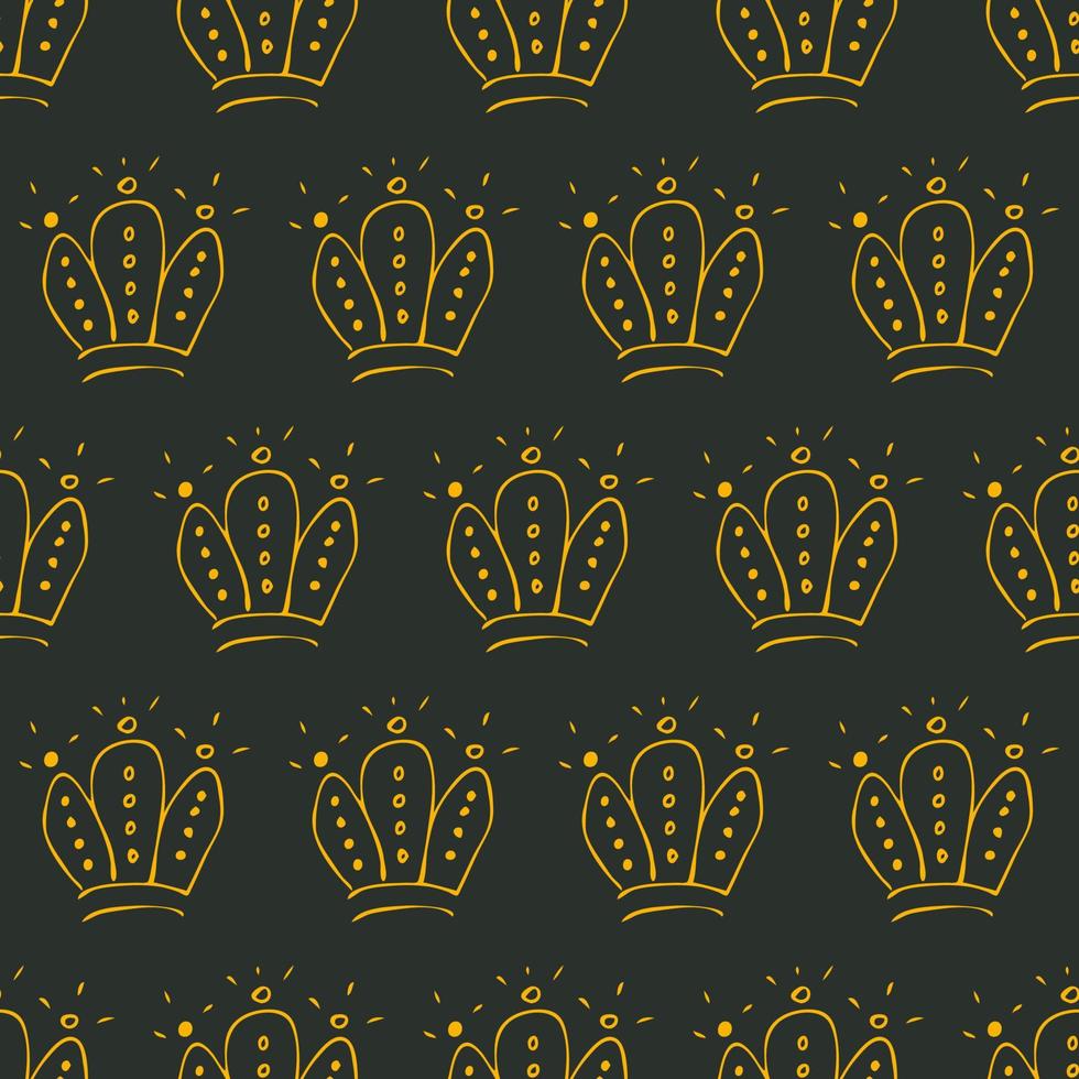 Hand drawn crowns. Seamless pattern of simple graffiti sketch queen or king crowns. Royal imperial coronation and monarch symbols. Yellow brush doodle isolated on dark background vector