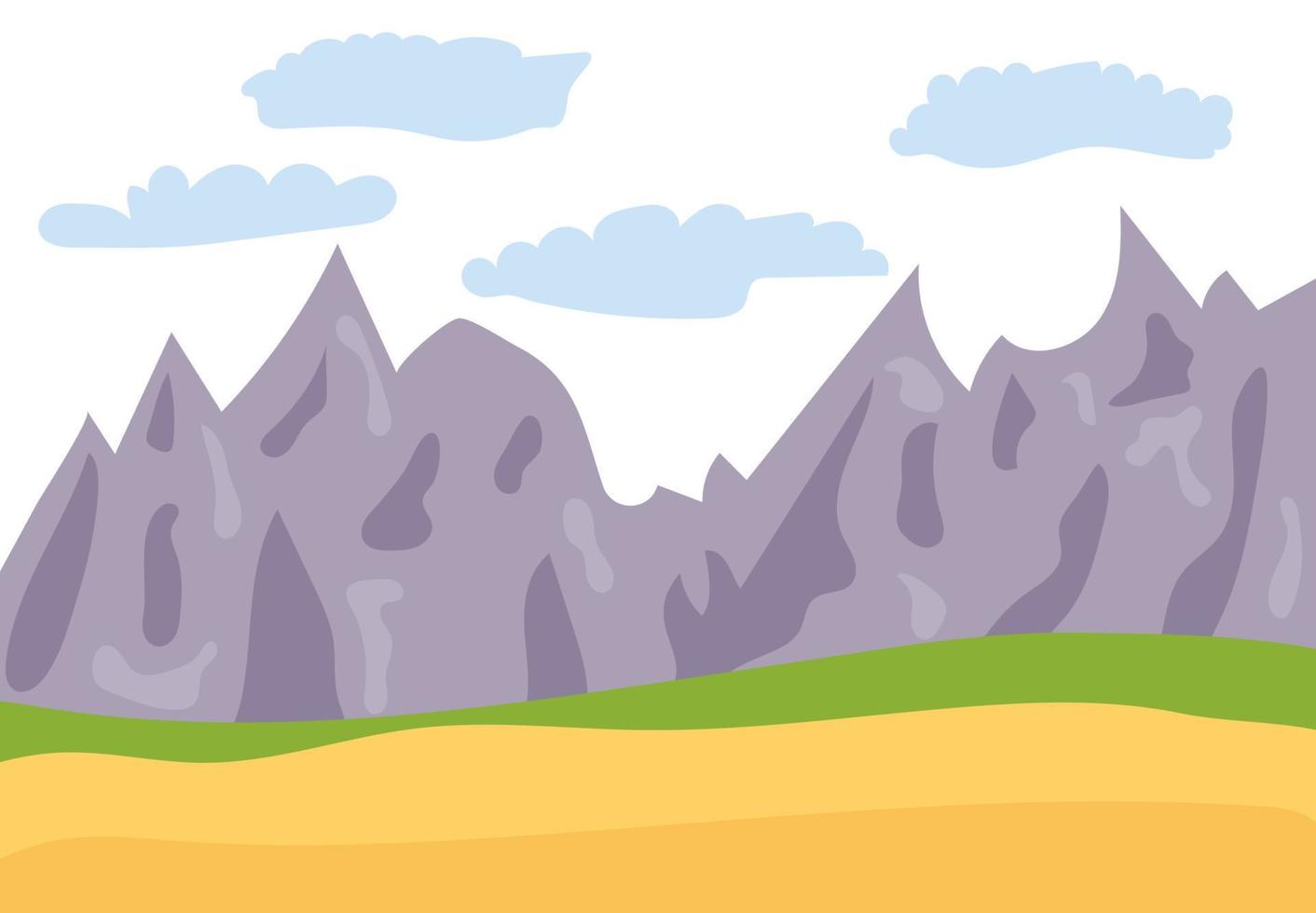 Natural cartoon landscape in the flat style with mountains, blue sky, clouds and hills. Vector illustration