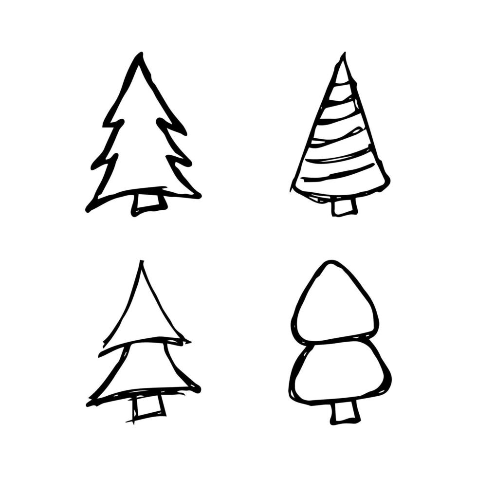 Hand drawn Christmas trees. Set of four monochrome sketched illustrations of firs. Winter holiday doodle elements. Vector illustration