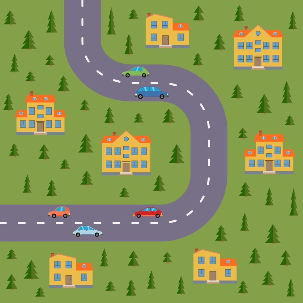 Plan of village. Landscape with the road, forest, cars and houses. Vector illustration