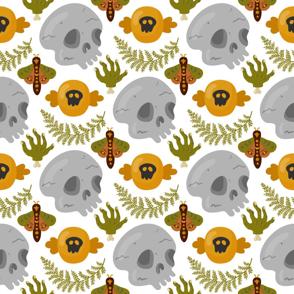 Halloween vector cartoon seamless pattern with pumpkin lantern, ghost, skull, spider, and other scary or festive elements . Mystical background for wallpaper, wrapping, packing, and backdrop.