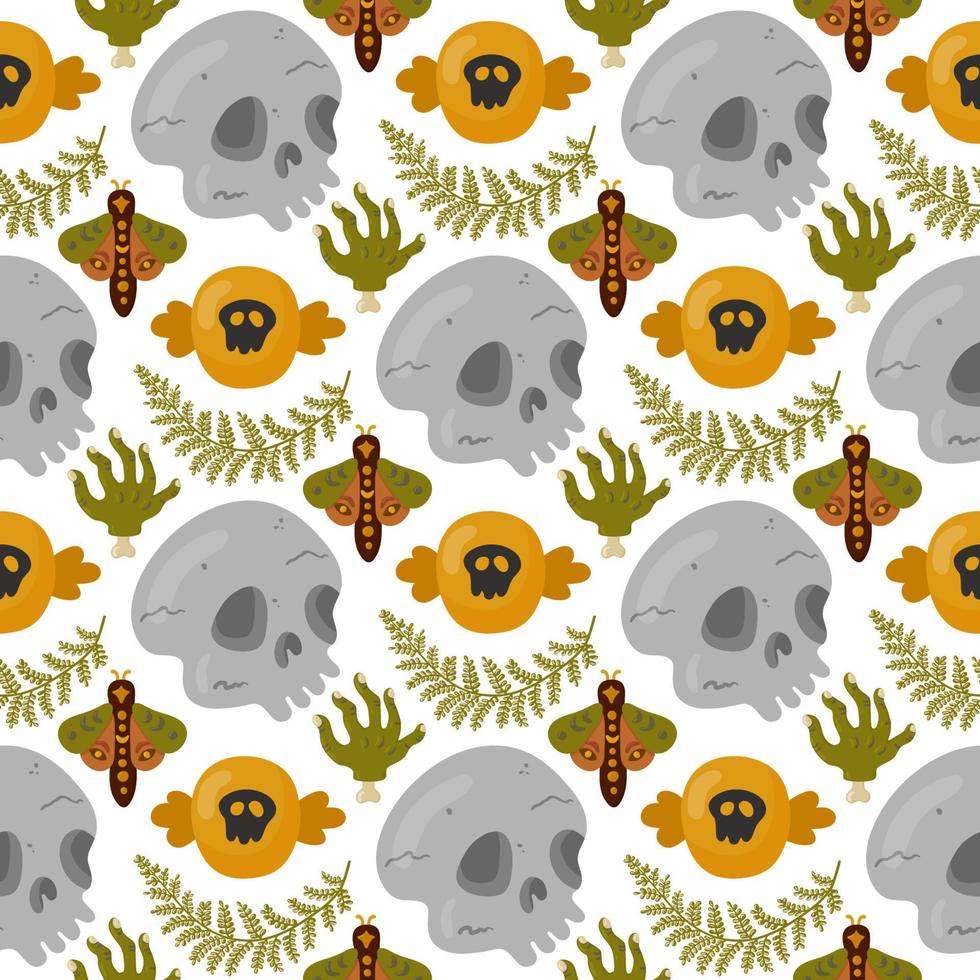 Halloween vector cartoon seamless pattern with pumpkin lantern, ghost, skull, spider, and other scary or festive elements . Mystical background for wallpaper, wrapping, packing, and backdrop.