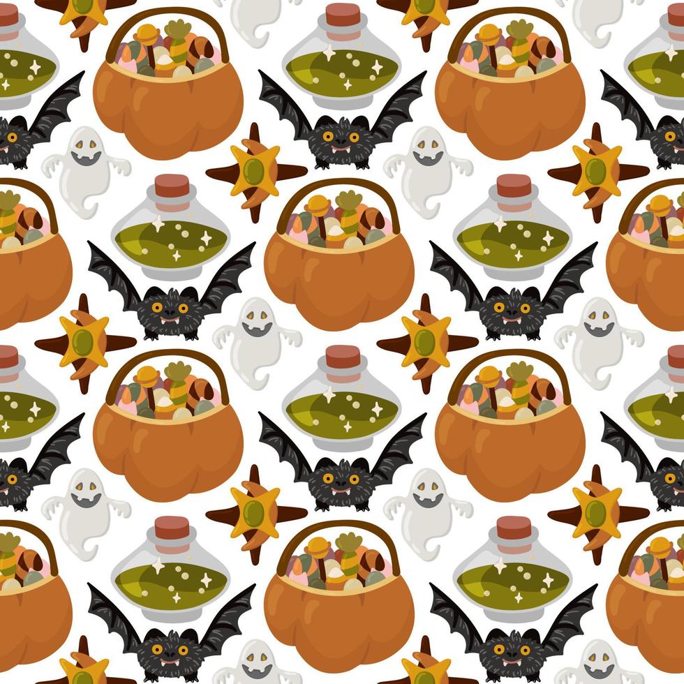 Halloween vector cartoon seamless pattern with pumpkin lantern, ghost, skull, spider, and other scary or festive elements . Mystical background for wallpaper, wrapping, packing, and backdrop.