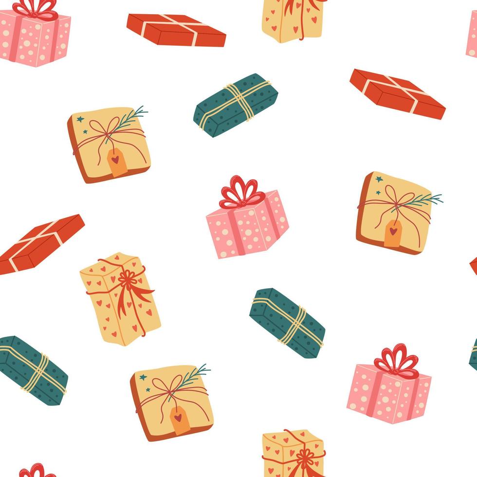 Christmas gifts seamless pattern. Colored garland for interior decoration, holiday and New Year. Perfect for wallpaper, scrapbooking and prints. Vector illustration