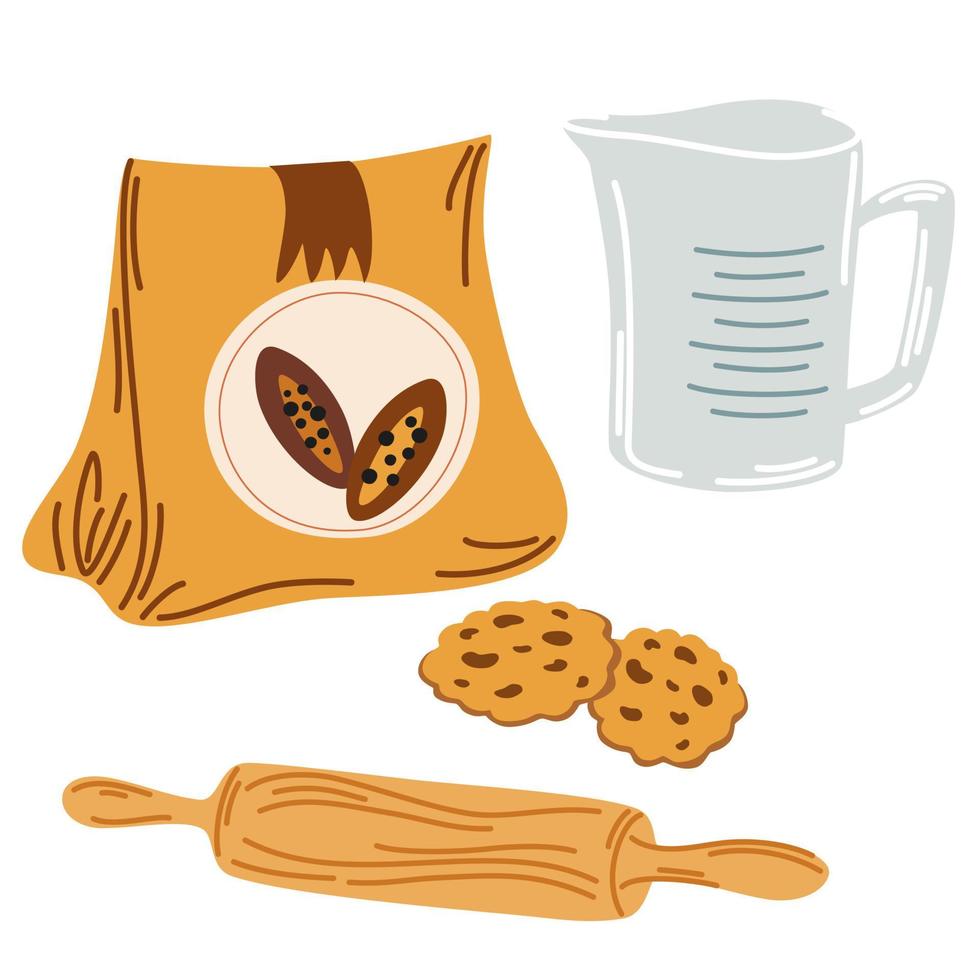 haciendo galletas. utensilios para hornear e ingredientes de cocina para galletas y pasteles. dulzura navideña. ilustración vectorial dibujada a mano aislada vector