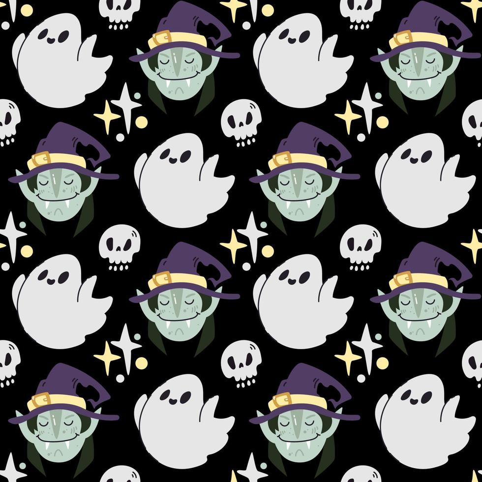 Spooky Halloween pattern in flat doodle style with cute witch in hat, ghost, skull and stars on black background vector
