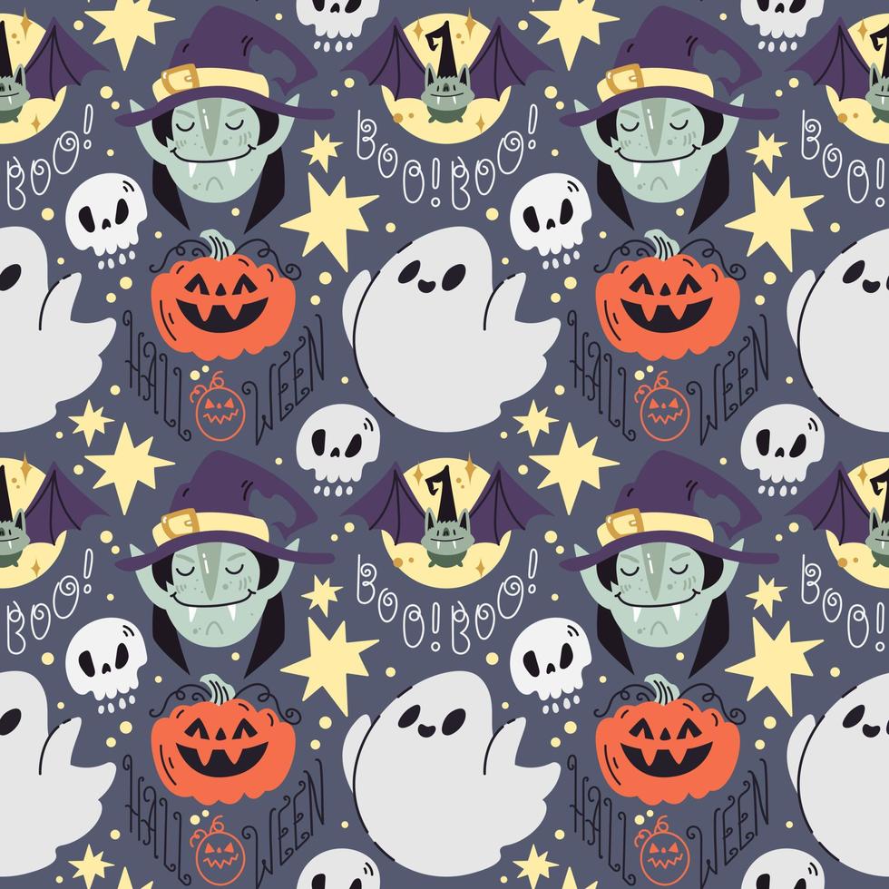 Cute childish Halloween seamless pattern in flat doodle style with ghost, smiling pumpkin, scull, bat in witch's hat, moon, stars on violet background. Perfect for digital paper and decoration. vector