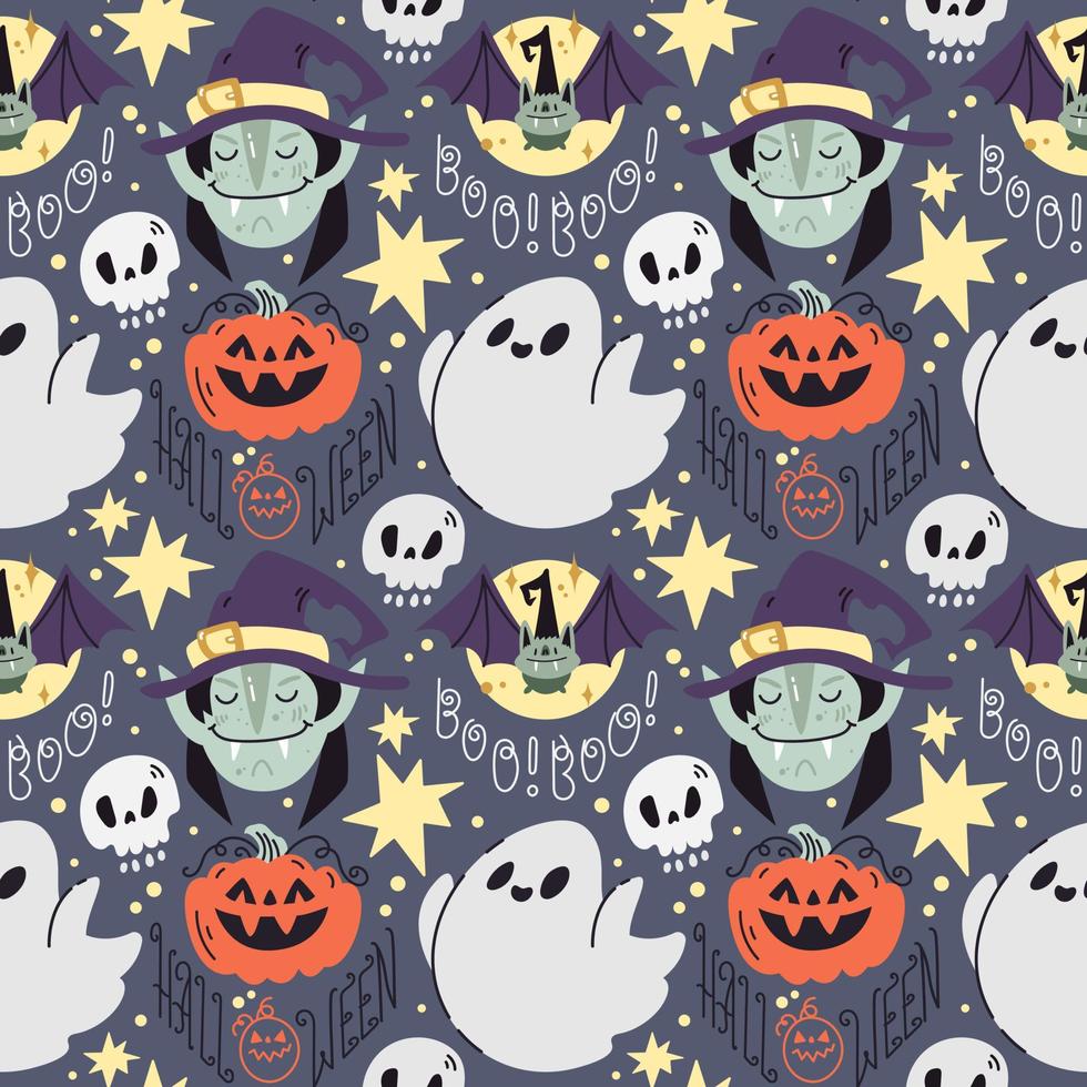 Cute childish Halloween seamless pattern in flat doodle style with ghost, smiling pumpkin, scull, bat in witch's hat, moon, stars on violet background. Perfect for digital paper and decoration. vector