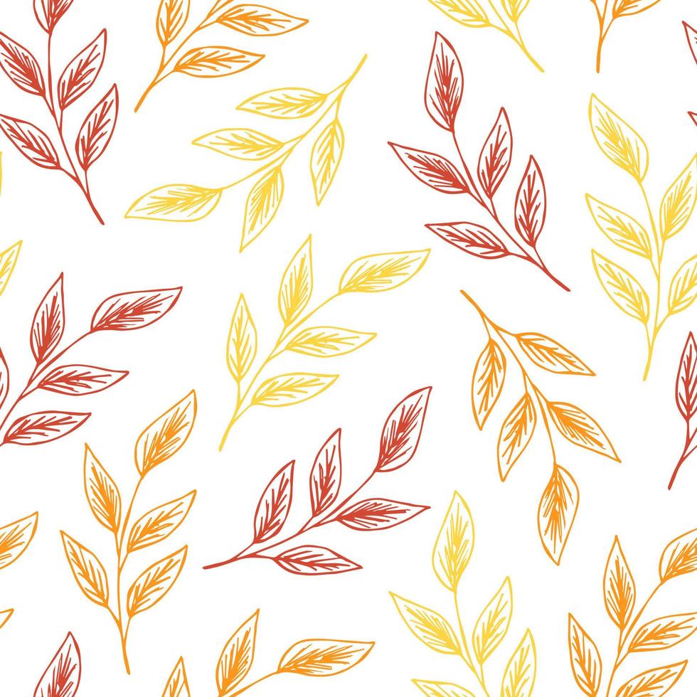 Hand-drawn floral vector seamless pattern. Orange, yellow foliage on a white background. For seasonal fall design, fabric prints, textile products, apparel.