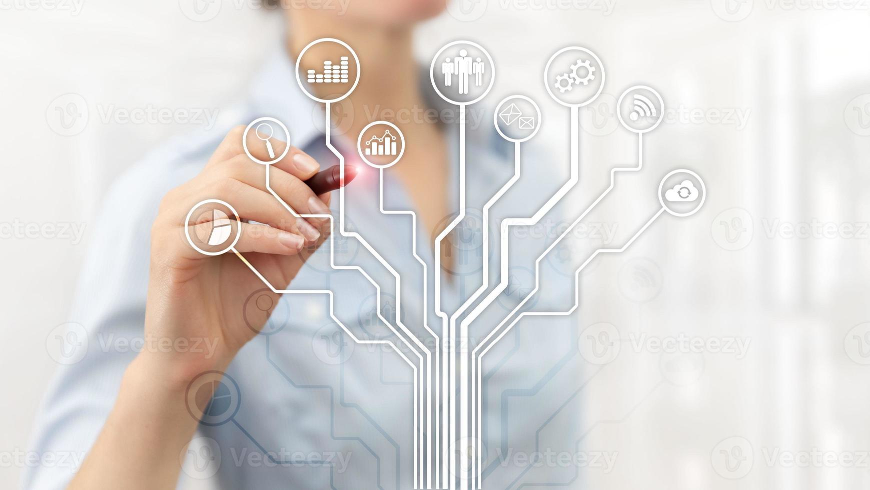 Business applications icons on blurred background. Financial and trading. Internet technology concept. photo