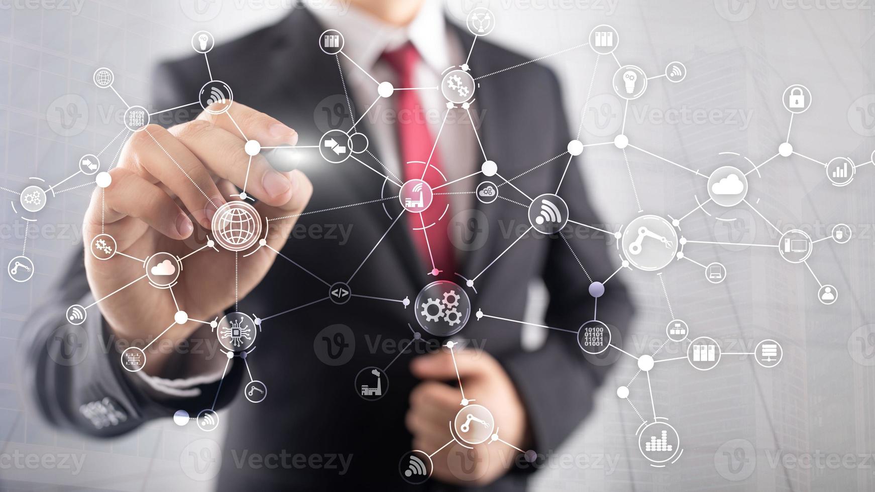 Technology industrial business process workflow organisation structure on virtual screen. IOT smart industry concept mixed media diagram. photo