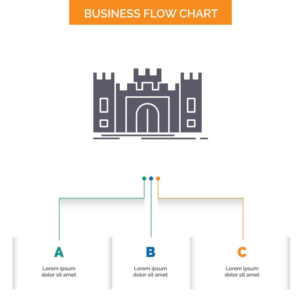 Castle. defense. fort. fortress. landmark Business Flow Chart Design with 3 Steps. Glyph Icon For Presentation Background Template Place for text. vector