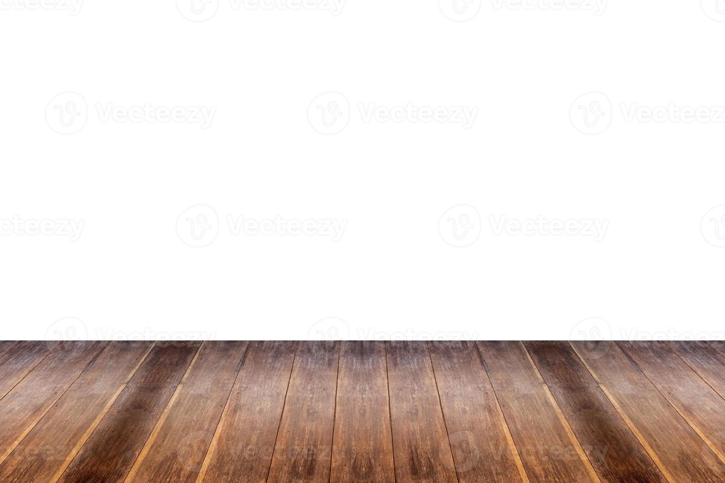 Empty wooden table top isolated on white background for product display photo