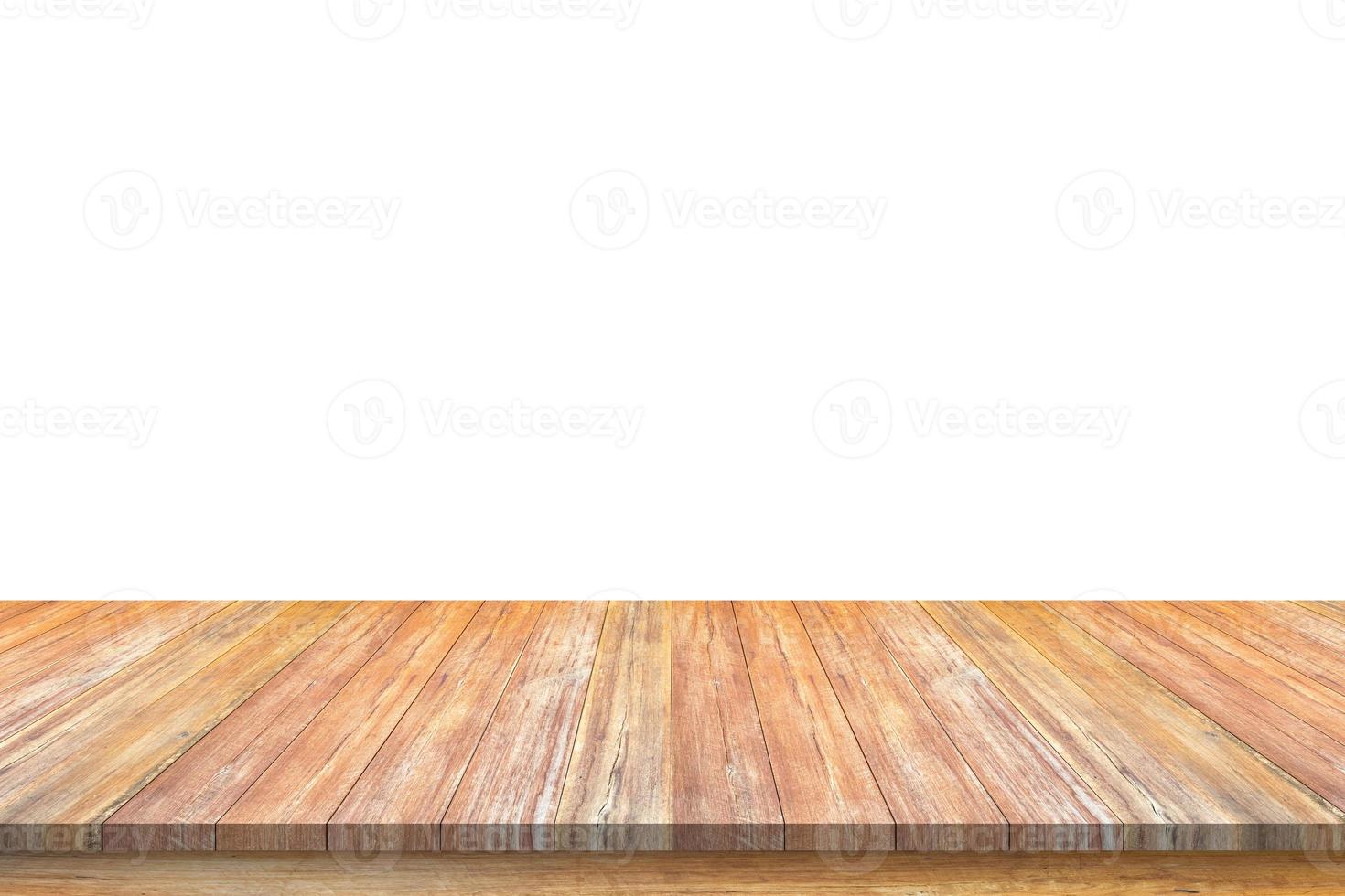 Empty wooden table top isolated on white background for product display photo