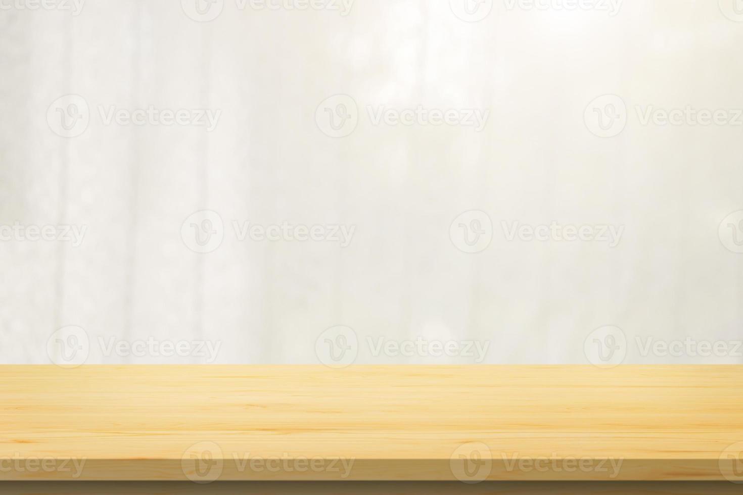 Empty wood table top with window curtain blur background for product display photo