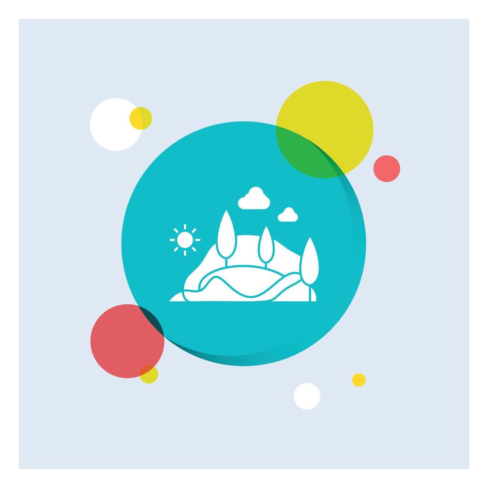 hill. landscape. nature. mountain. tree White Glyph Icon colorful Circle Background vector