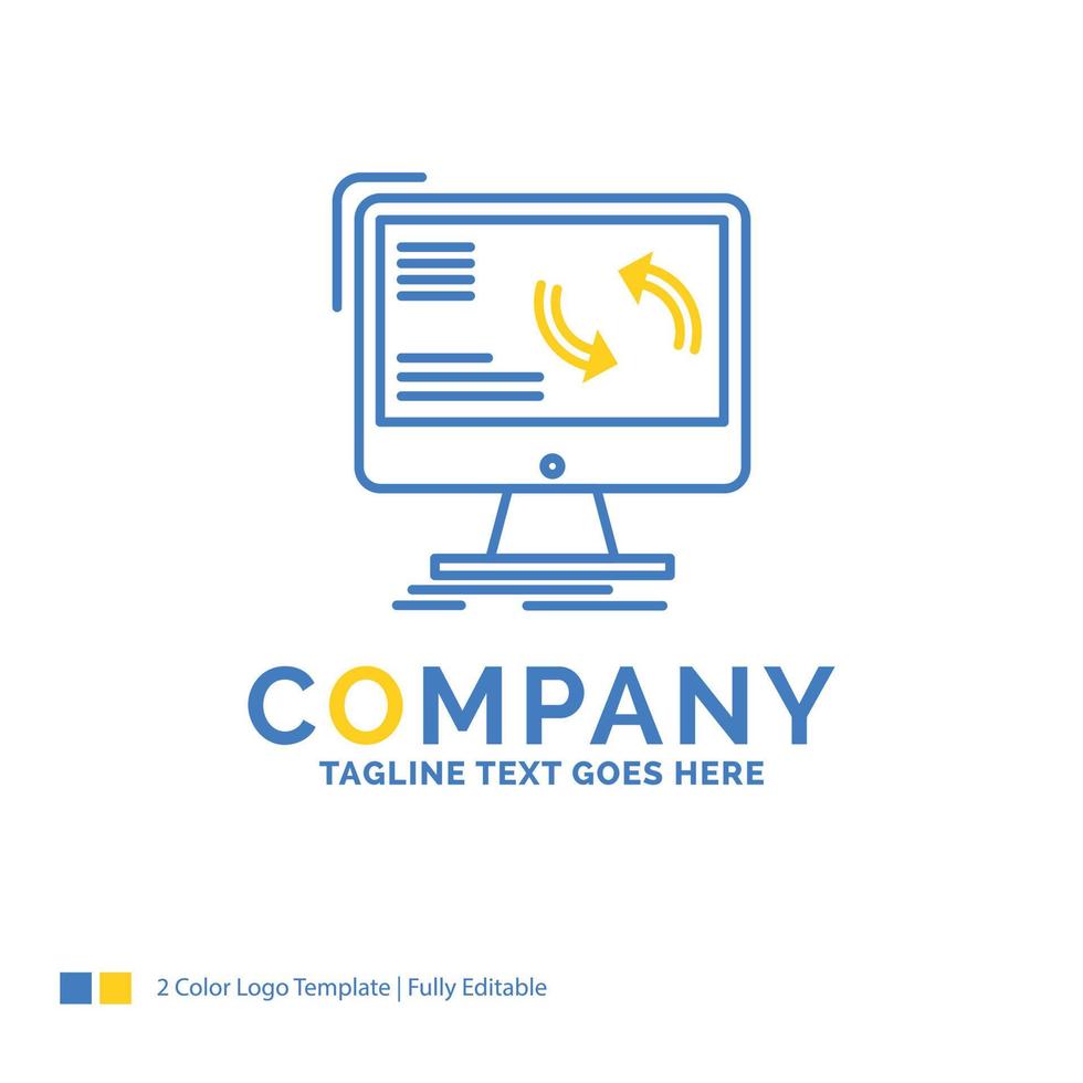 sincronización. sincronizar información. datos. plantilla de logotipo empresarial amarillo azul de computadora. lugar de plantilla de diseño creativo para eslogan. vector