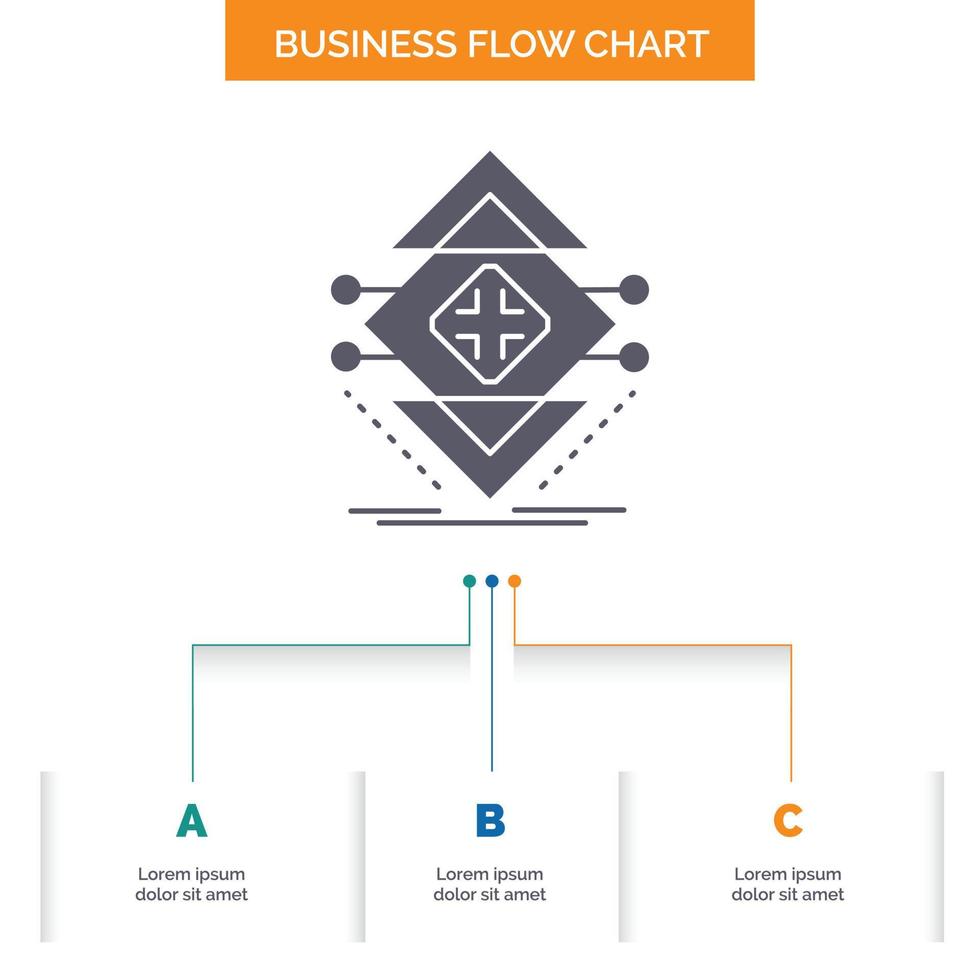 Computing. data. infrastructure. science. structure Business Flow Chart Design with 3 Steps. Glyph Icon For Presentation Background Template Place for text. vector