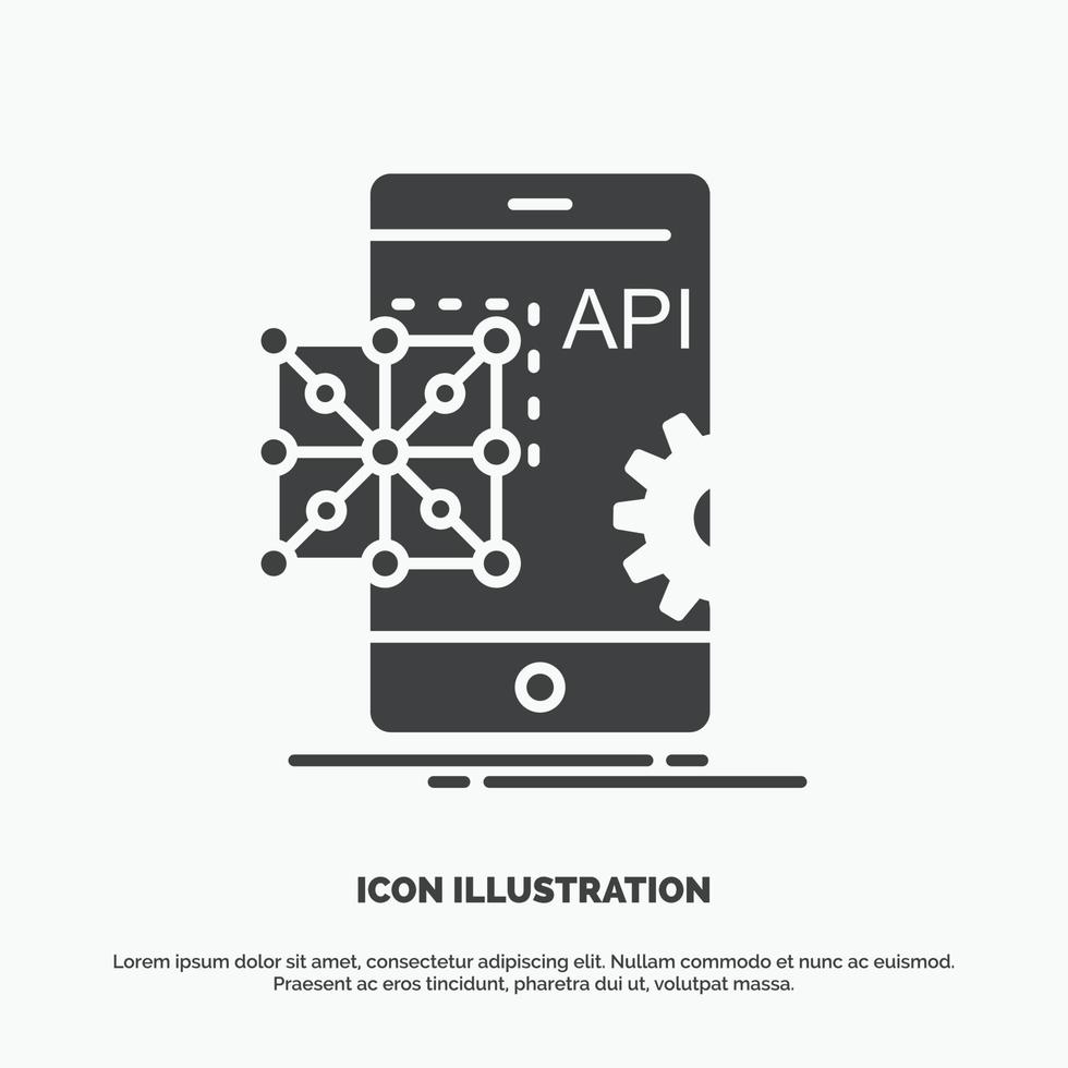 API. solicitud. codificación. desarrollo. icono móvil. símbolo gris vectorial de glifo para ui y ux. sitio web o aplicación móvil vector