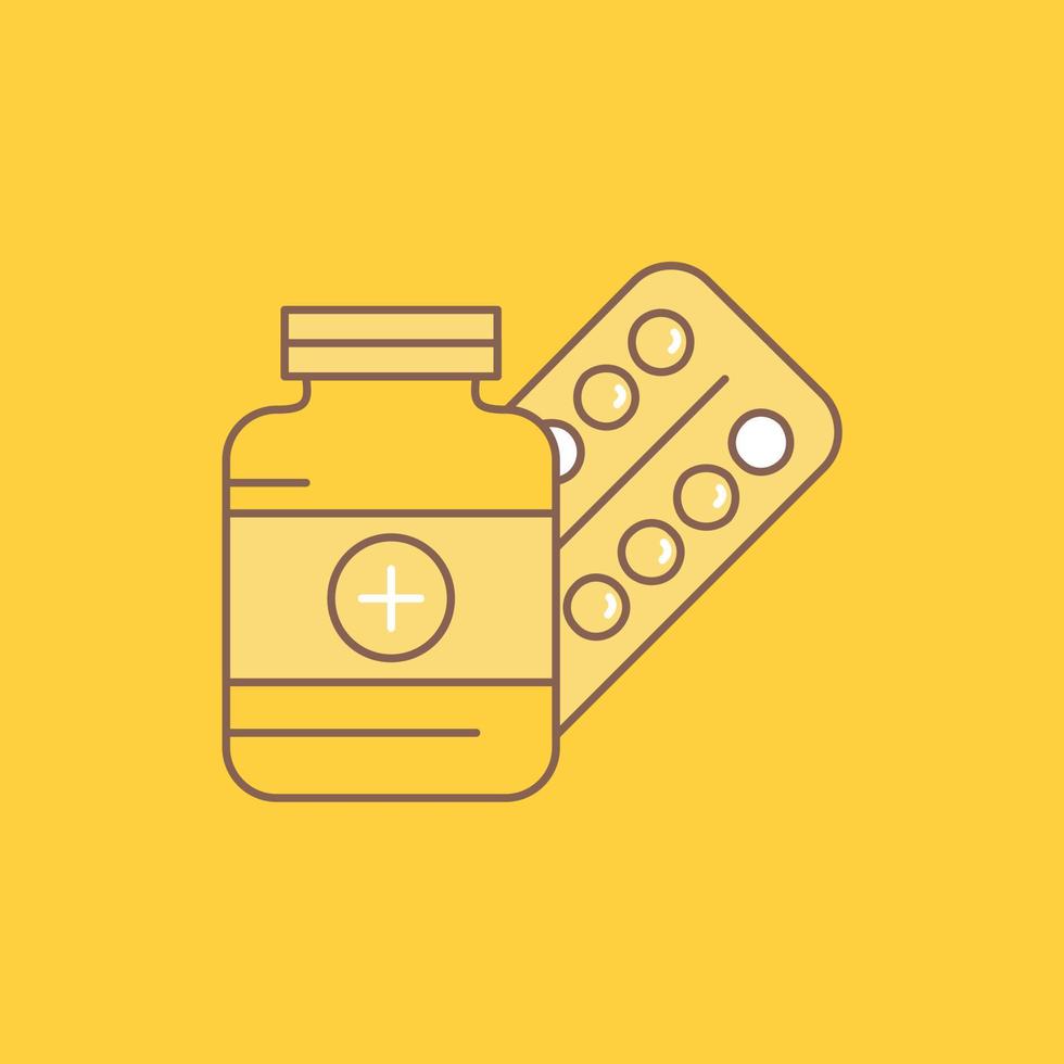 medicamento. píldora. cápsula. drogas icono lleno de línea plana de tableta. hermoso botón de logotipo sobre fondo amarillo para ui y ux. sitio web o aplicación móvil vector