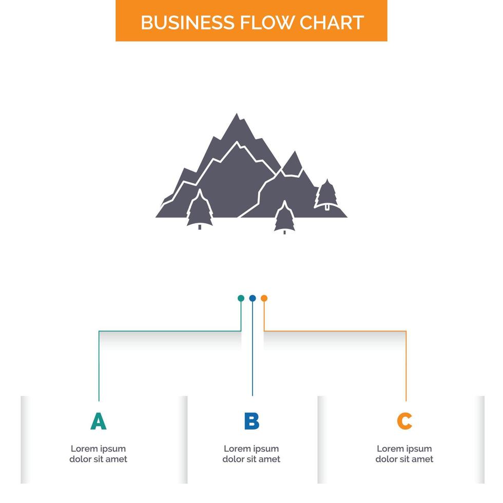 mountain. landscape. hill. nature. tree Business Flow Chart Design with 3 Steps. Glyph Icon For Presentation Background Template Place for text. vector