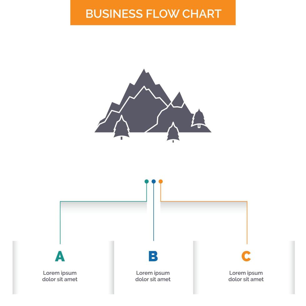 montaña. paisaje. Cerro. naturaleza. diseño de diagrama de flujo de negocio de árbol con 3 pasos. icono de glifo para el lugar de plantilla de fondo de presentación para texto. vector