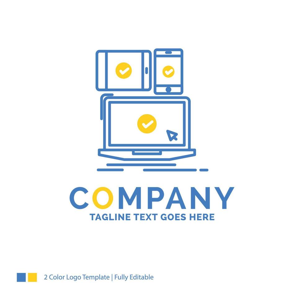 computer. devices. mobile. responsive. technology Blue Yellow Business Logo template. Creative Design Template Place for Tagline. vector