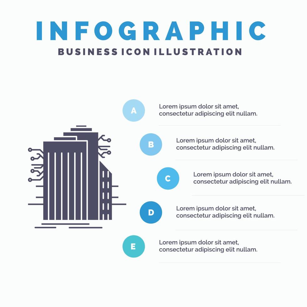 edificio. tecnología. ciudad inteligente. conectado. plantilla de infografía de Internet para sitio web y presentación. icono de glifo gris con ilustración de vector de estilo infográfico azul.