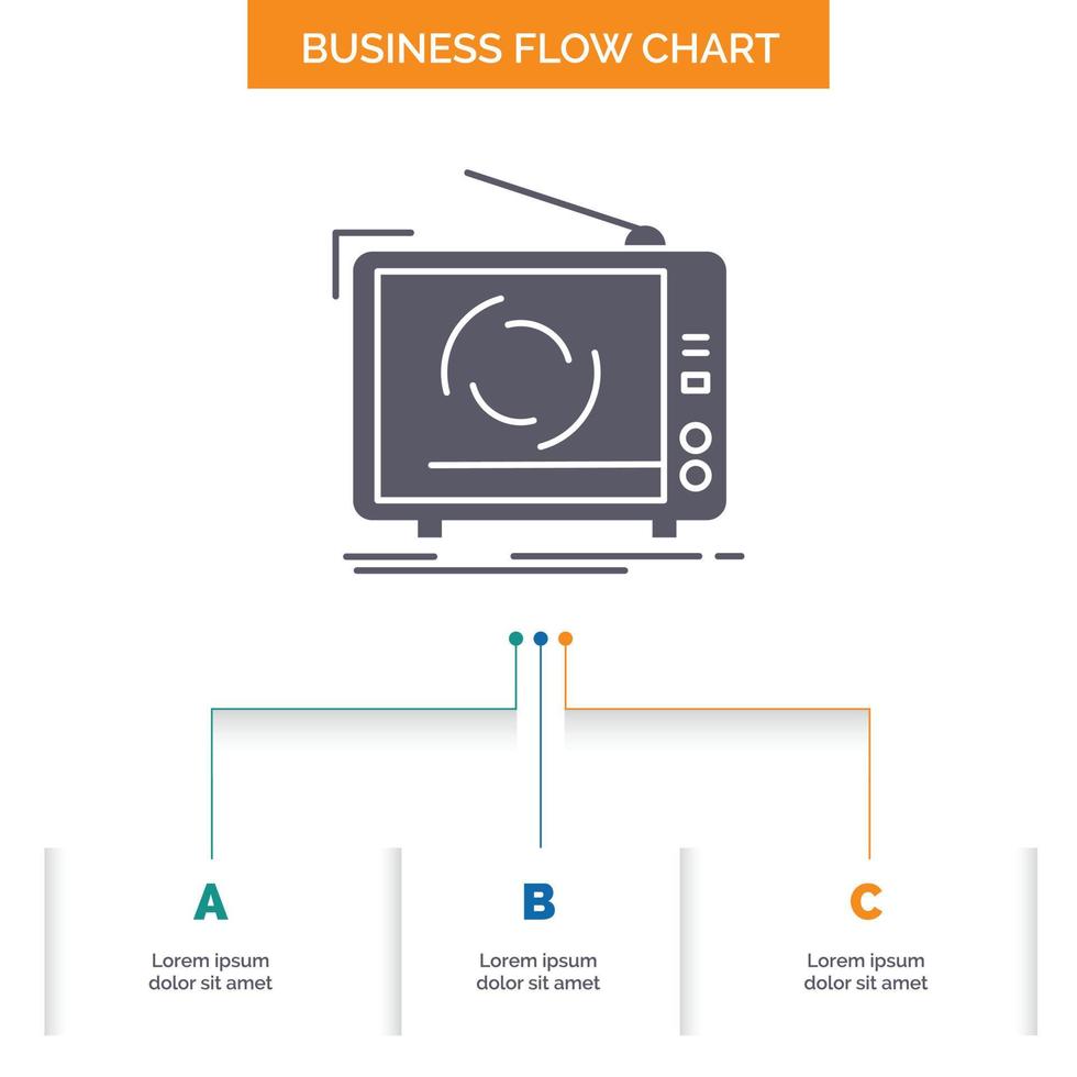 televisión. anuncio. publicidad. televisión. establezca el diseño del diagrama de flujo empresarial con 3 pasos. icono de glifo para el lugar de plantilla de fondo de presentación para texto. vector