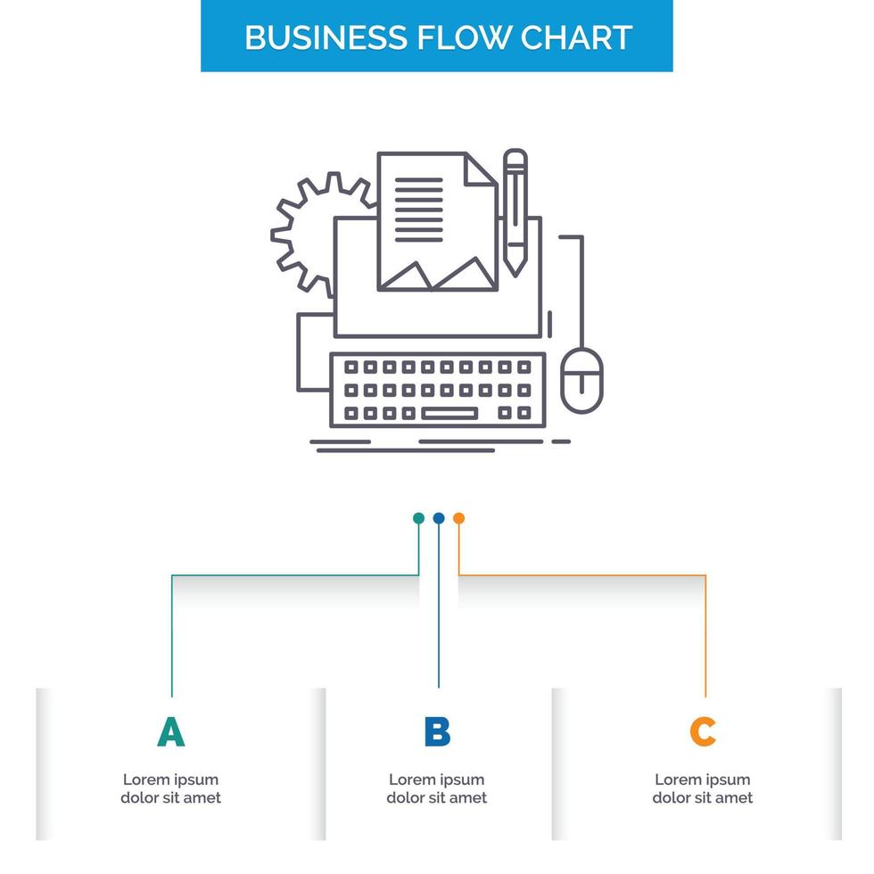 Type Writer. paper. computer. paper. keyboard Business Flow Chart Design with 3 Steps. Line Icon For Presentation Background Template Place for text vector