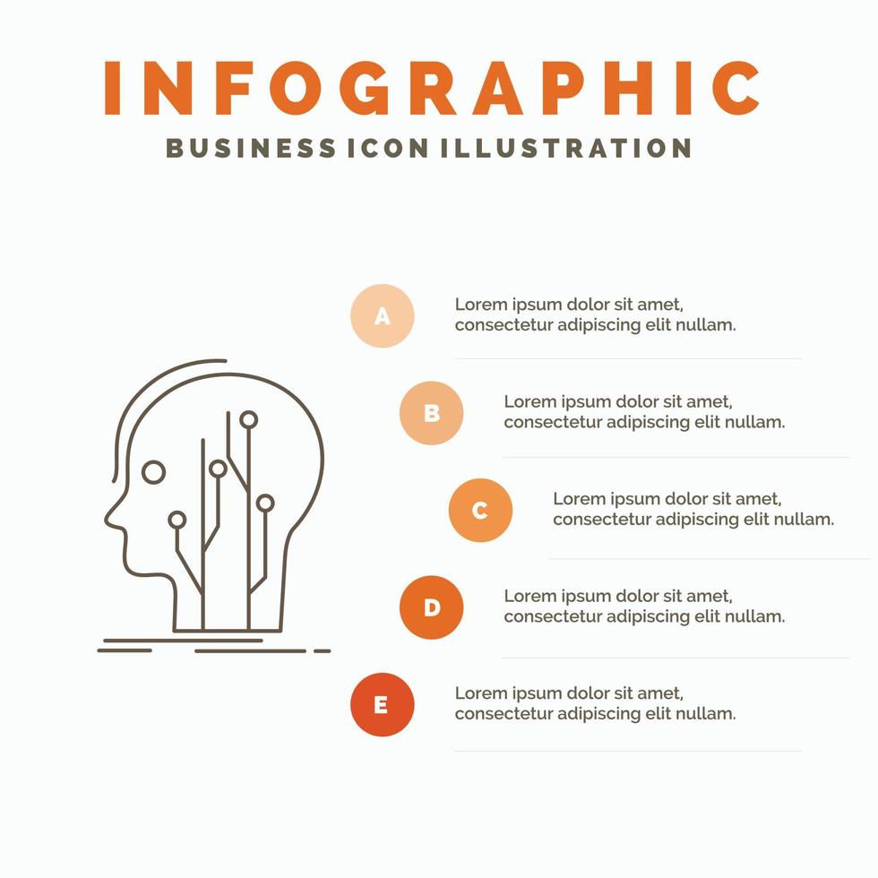 datos. cabeza. humano. conocimiento. plantilla de infografía de red para sitio web y presentación. icono de línea gris con ilustración de vector de estilo infográfico naranja