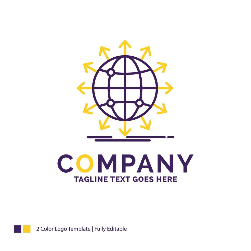 Company Name Logo Design For globe. network. arrow. news. worldwide. Purple and yellow Brand Name Design with place for Tagline. Creative Logo template for Small and Large Business. vector