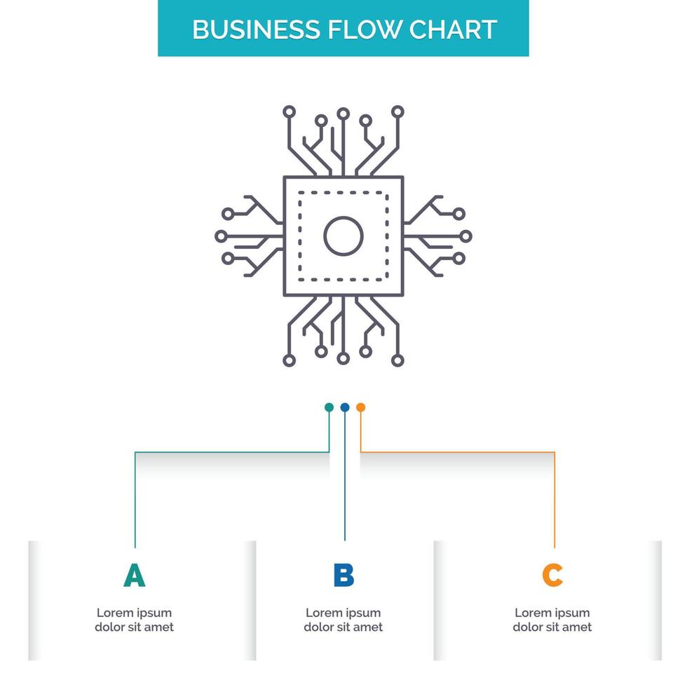 Chip. cpu. microchip. processor. technology Business Flow Chart Design with 3 Steps. Line Icon For Presentation Background Template Place for text vector