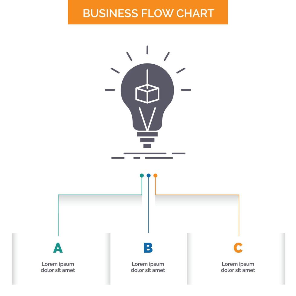 3d Cube. idea. bulb. printing. box Business Flow Chart Design with 3 Steps. Glyph Icon For Presentation Background Template Place for text. vector