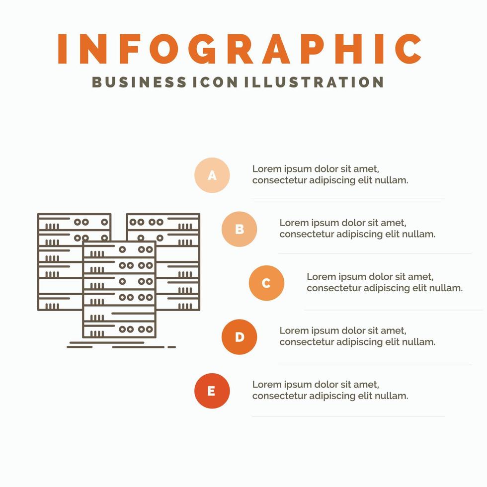 centro. centro. datos. base de datos. plantilla de infografía de servidor para sitio web y presentación. icono de línea gris con ilustración de vector de estilo infográfico naranja